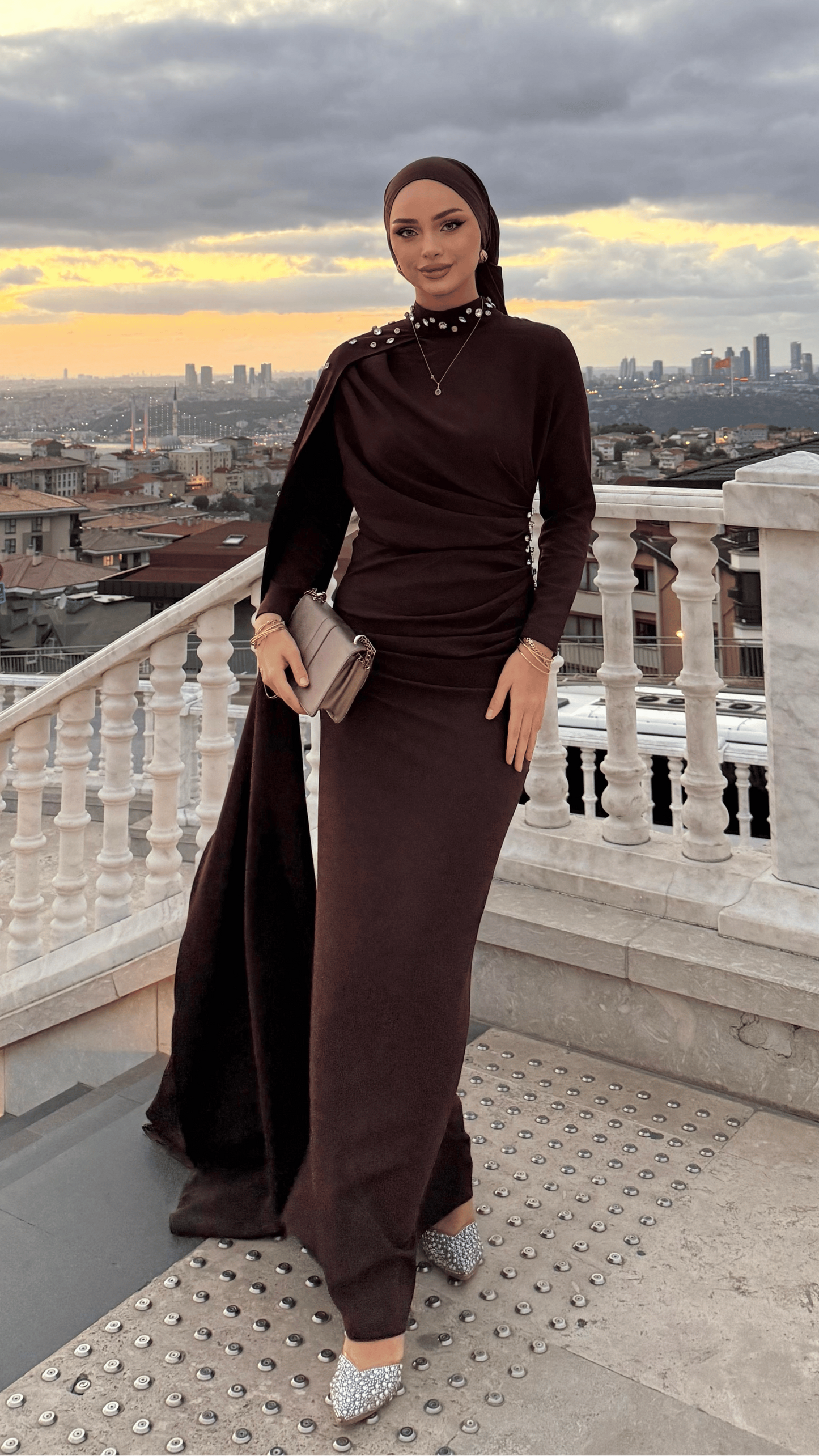 Serena Taşlı Abiye Kahverengi
