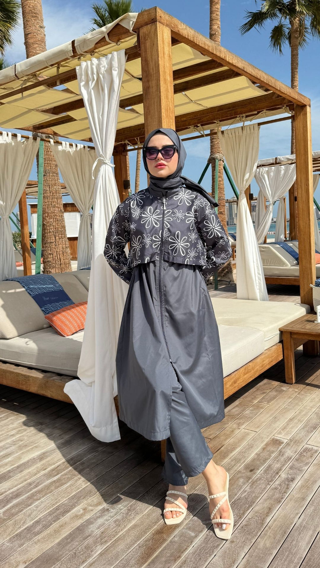 Desenli Paraşüt Kumaş Uzun Tesettür Mayo Antırasit