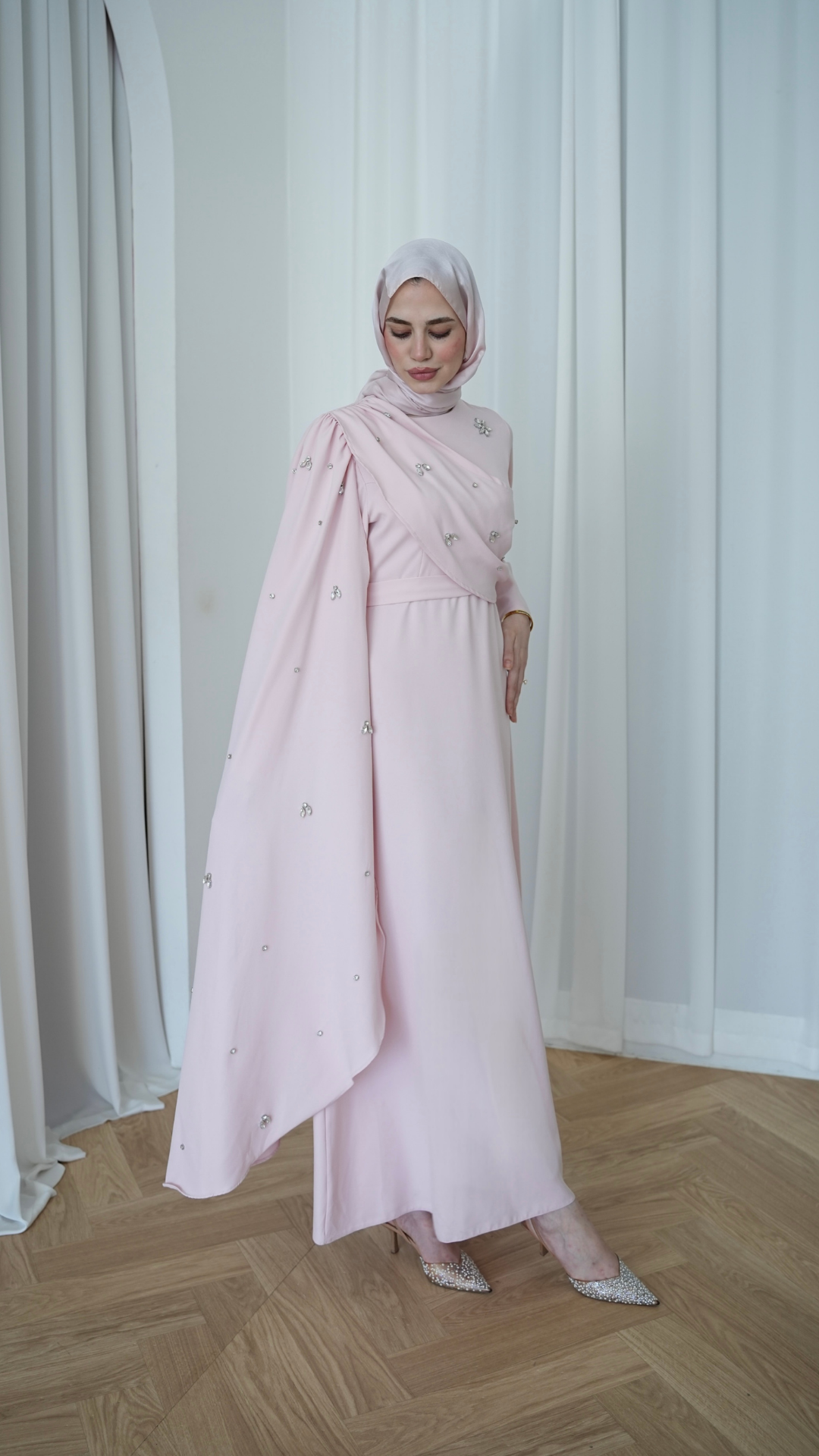 Linda Taş Detaylı Uzun Abiye Toz Pembe