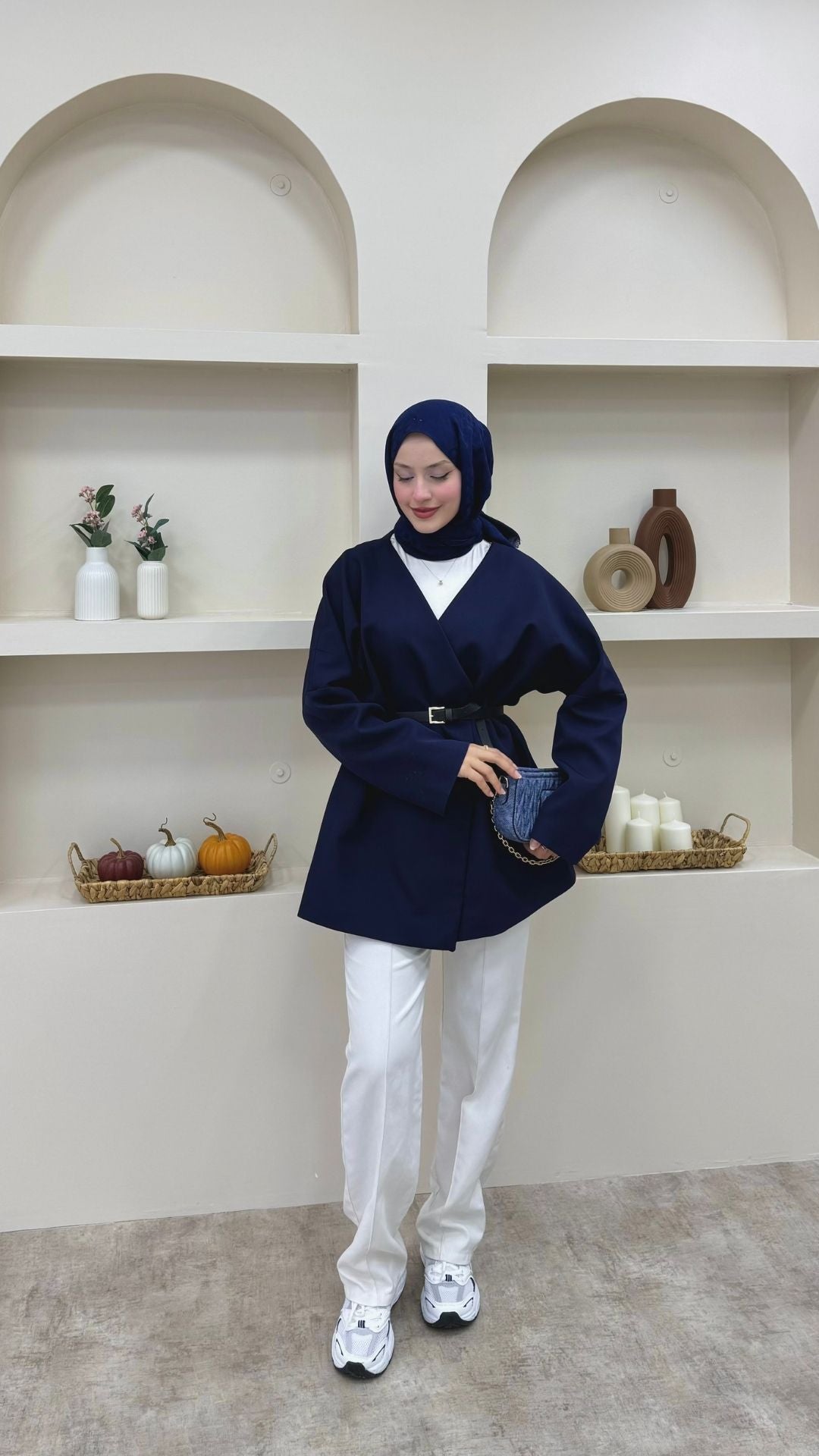 Kruvaze Yaka Kemerli Blazer Ceket Lacivert