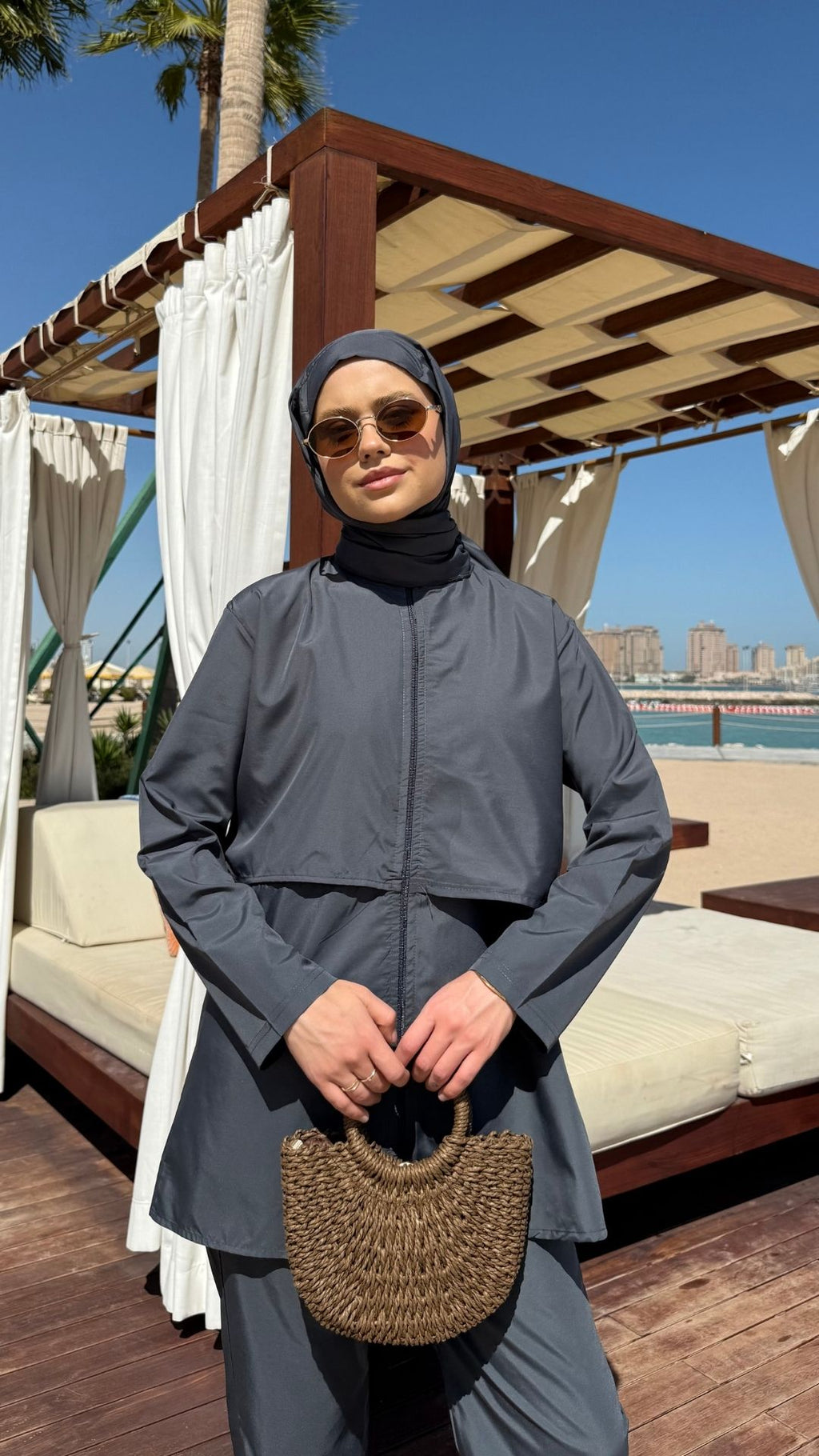 Doha Paraşüt Kumaş 3'lü Tam Kapalı Tesettür Mayo Gri