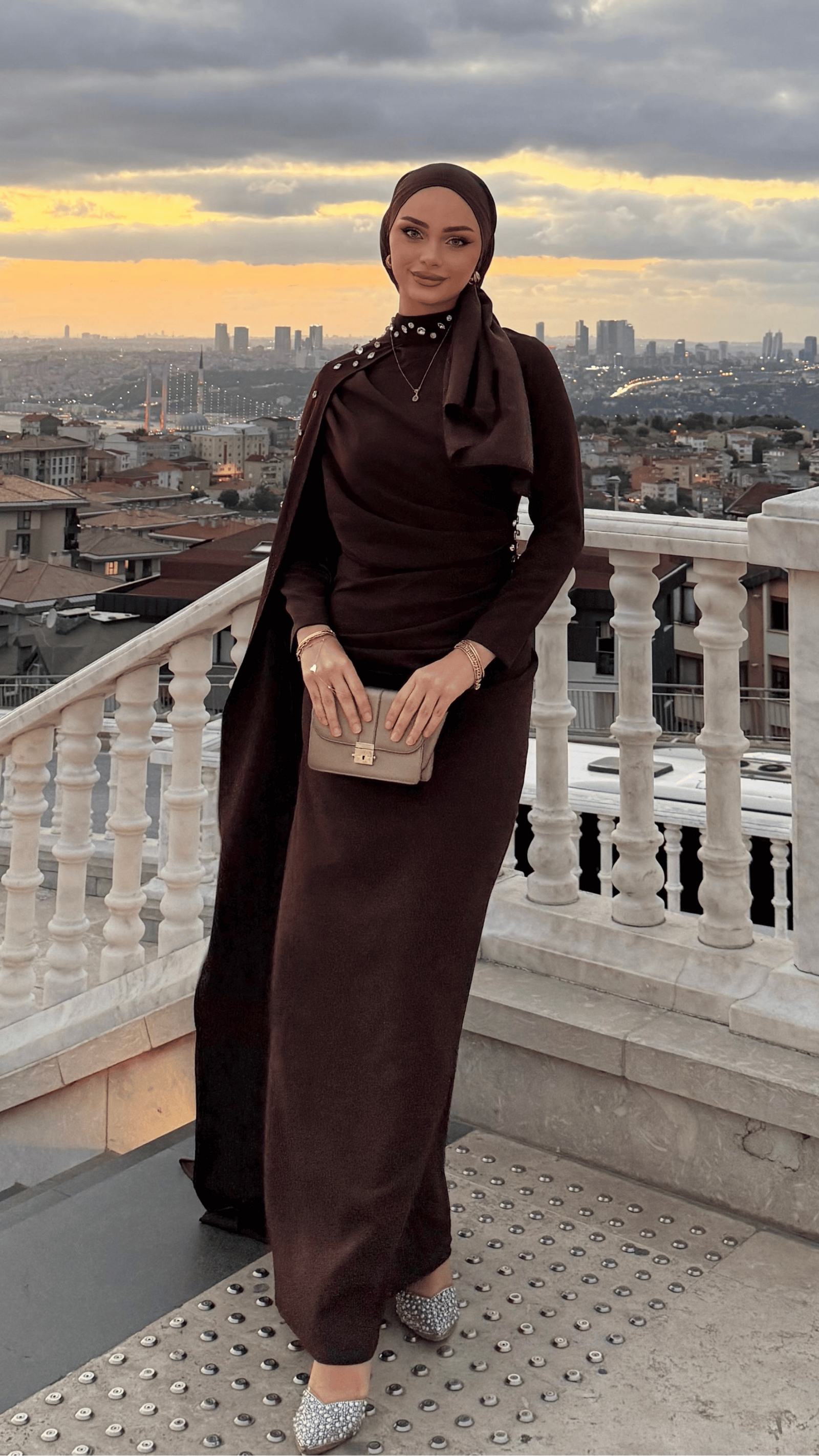 Serena Taşlı Abiye Kahverengi