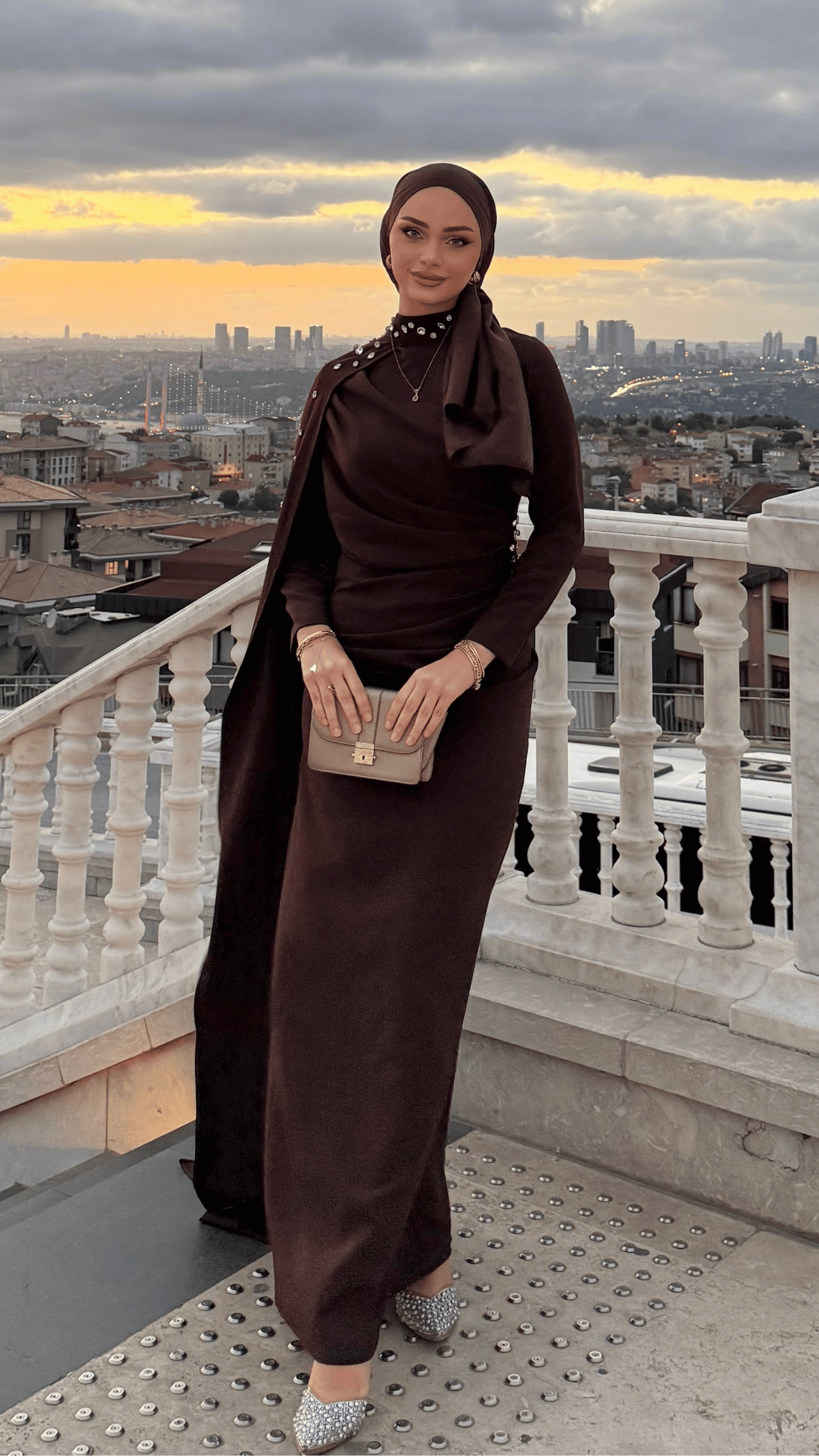 Serena Taşlı Abiye Kahverengi