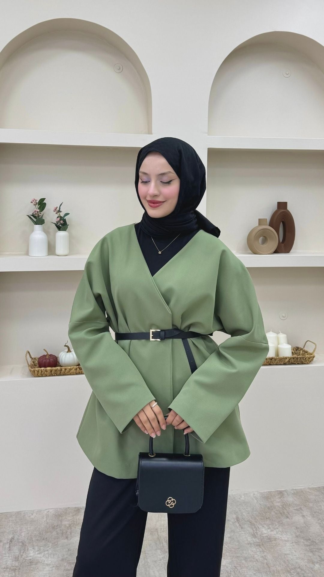 Kruvaze Yaka Kemerli Blazer Ceket Yeşil