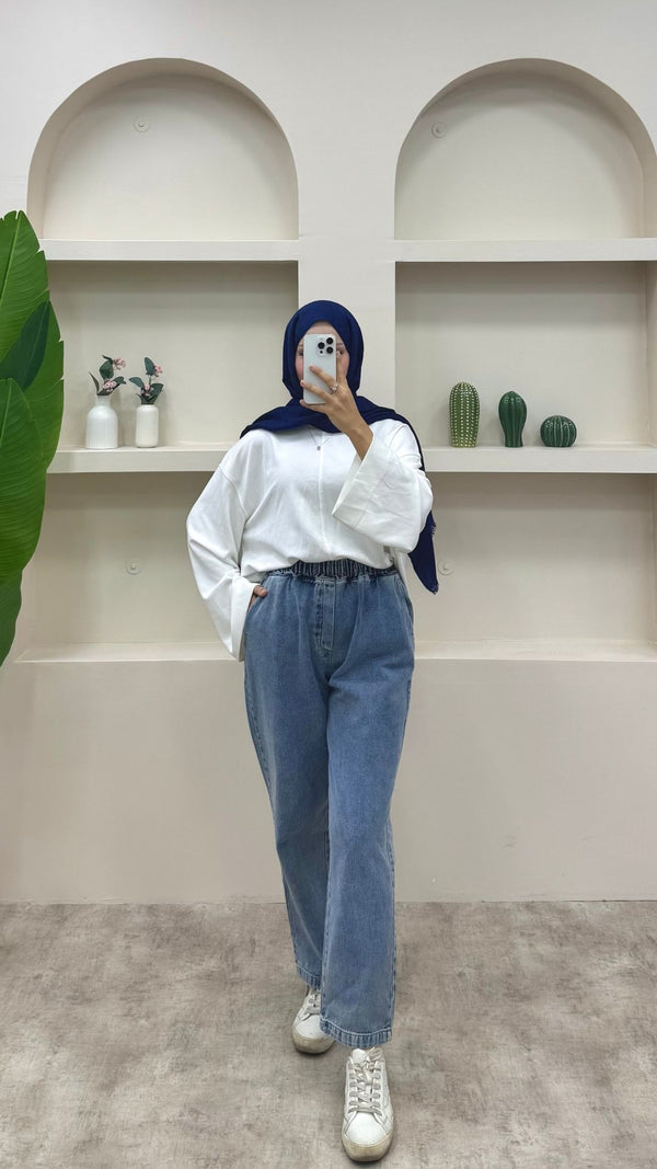 Beli Lastikli Geniş Kesim Mom Jeans Asit Yıkama