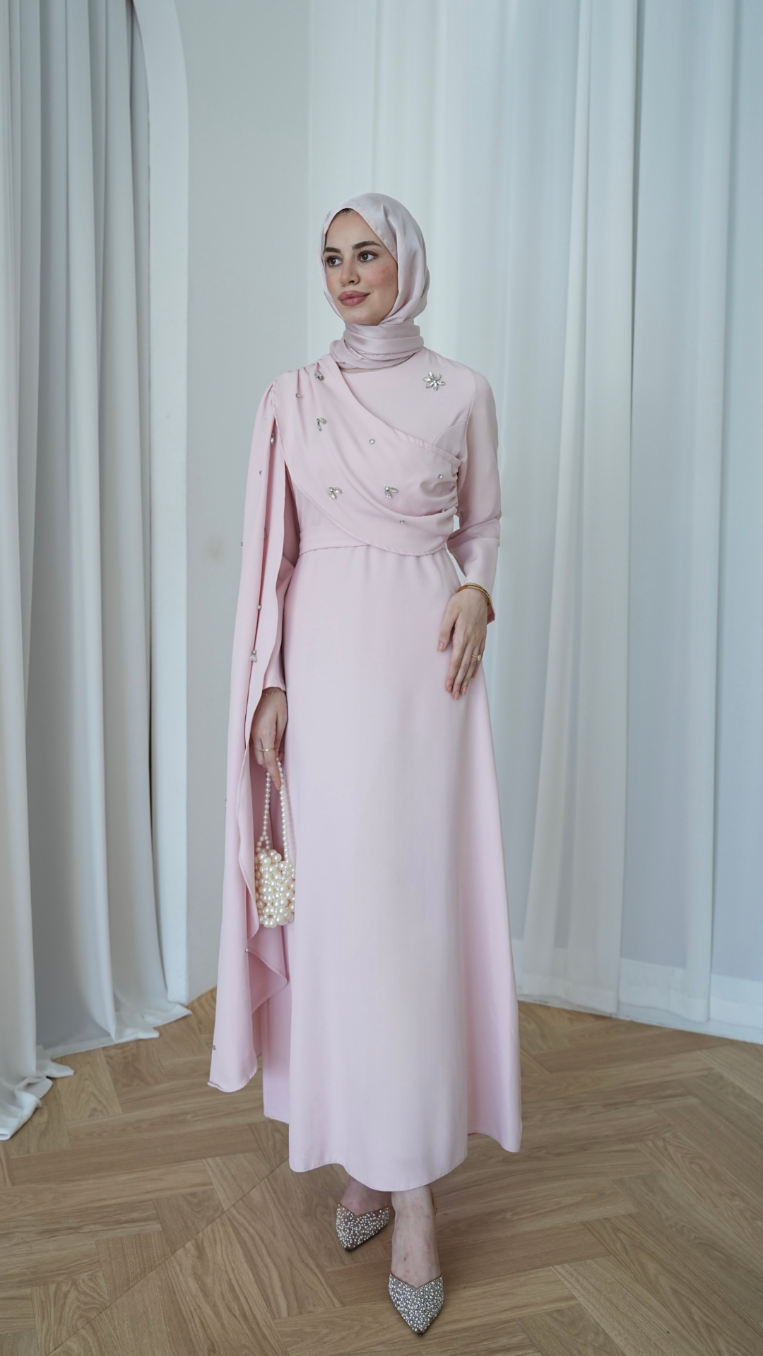 Linda Taş Detaylı Uzun Abiye Toz Pembe