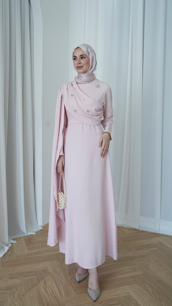 Linda Taş Detaylı Uzun Abiye Toz Pembe