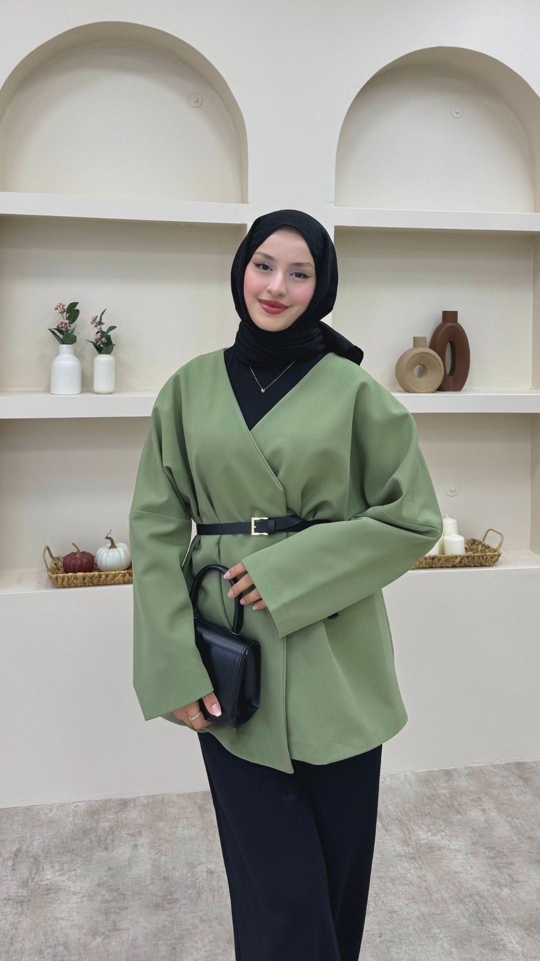 Kruvaze Yaka Kemerli Blazer Ceket Yeşil