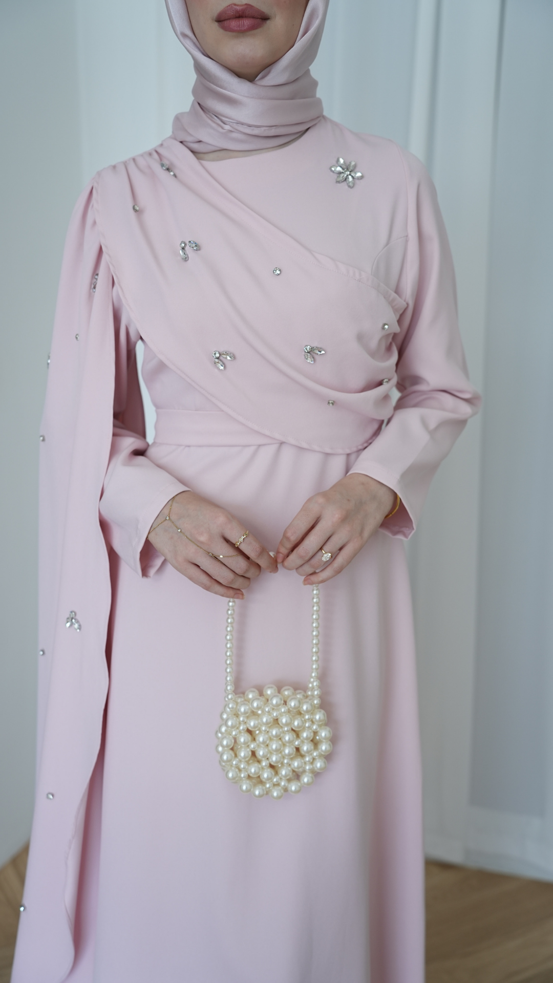 Linda Taş Detaylı Uzun Abiye Toz Pembe
