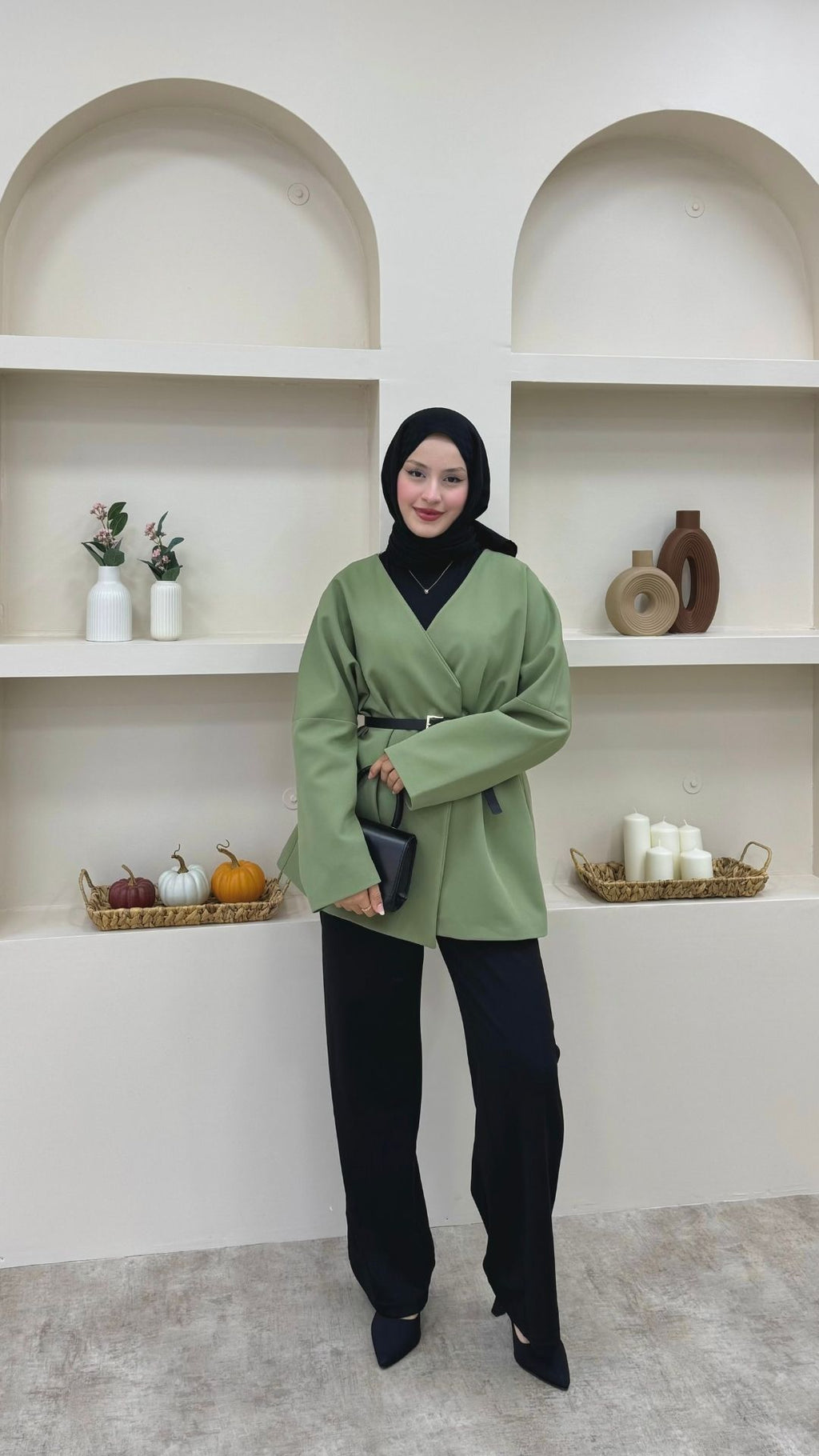 Kruvaze Yaka Kemerli Blazer Ceket Yeşil