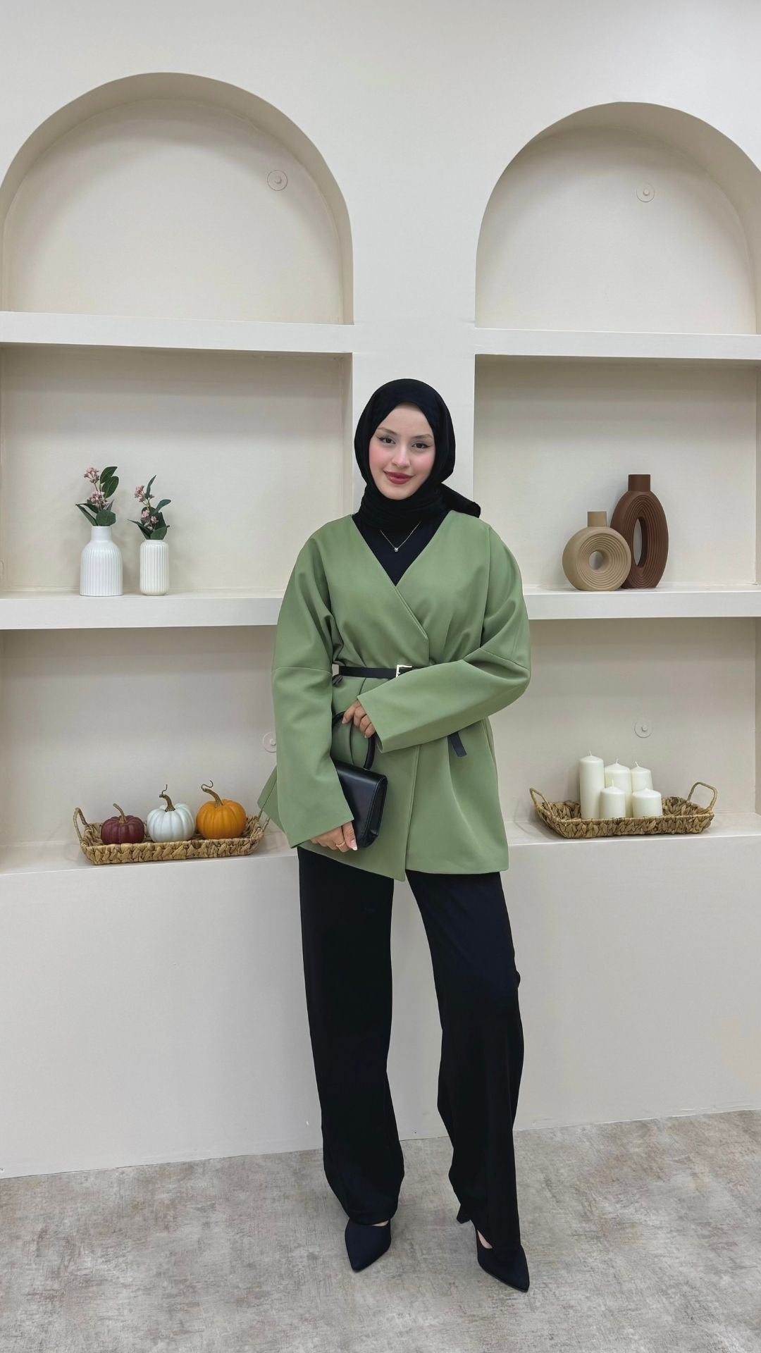 Kruvaze Yaka Kemerli Blazer Ceket Yeşil