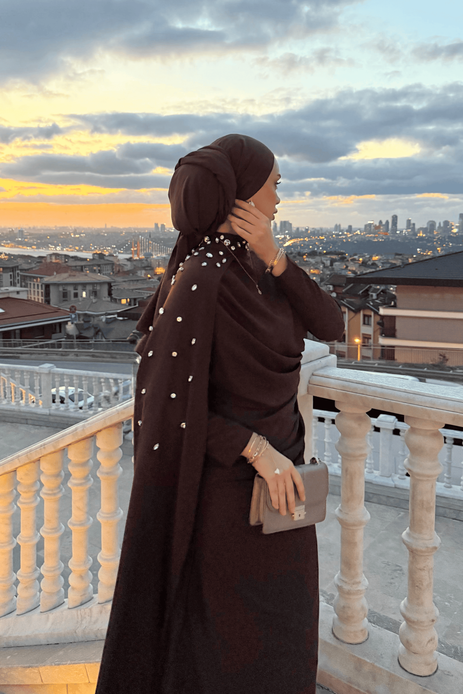 Serena Taşlı Abiye Kahverengi