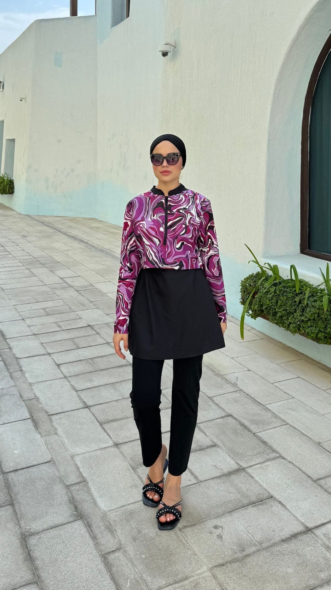 Yarım Dijital Baskılı Tesettür Mayo Renk - Siyah-Lila Desen 2