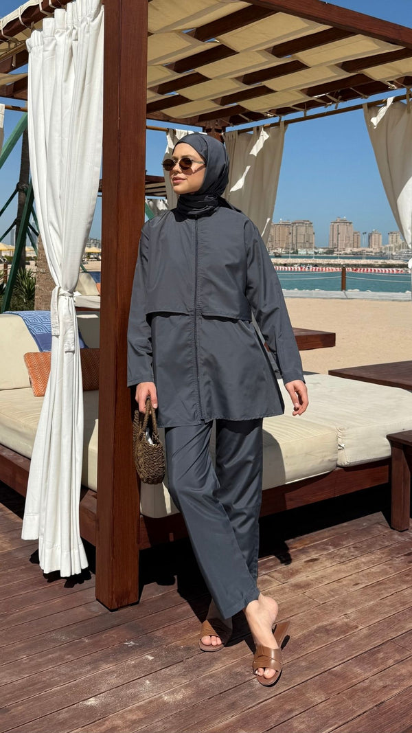 Doha Paraşüt Kumaş 3'lü Tam Kapalı Tesettür Mayo Gri