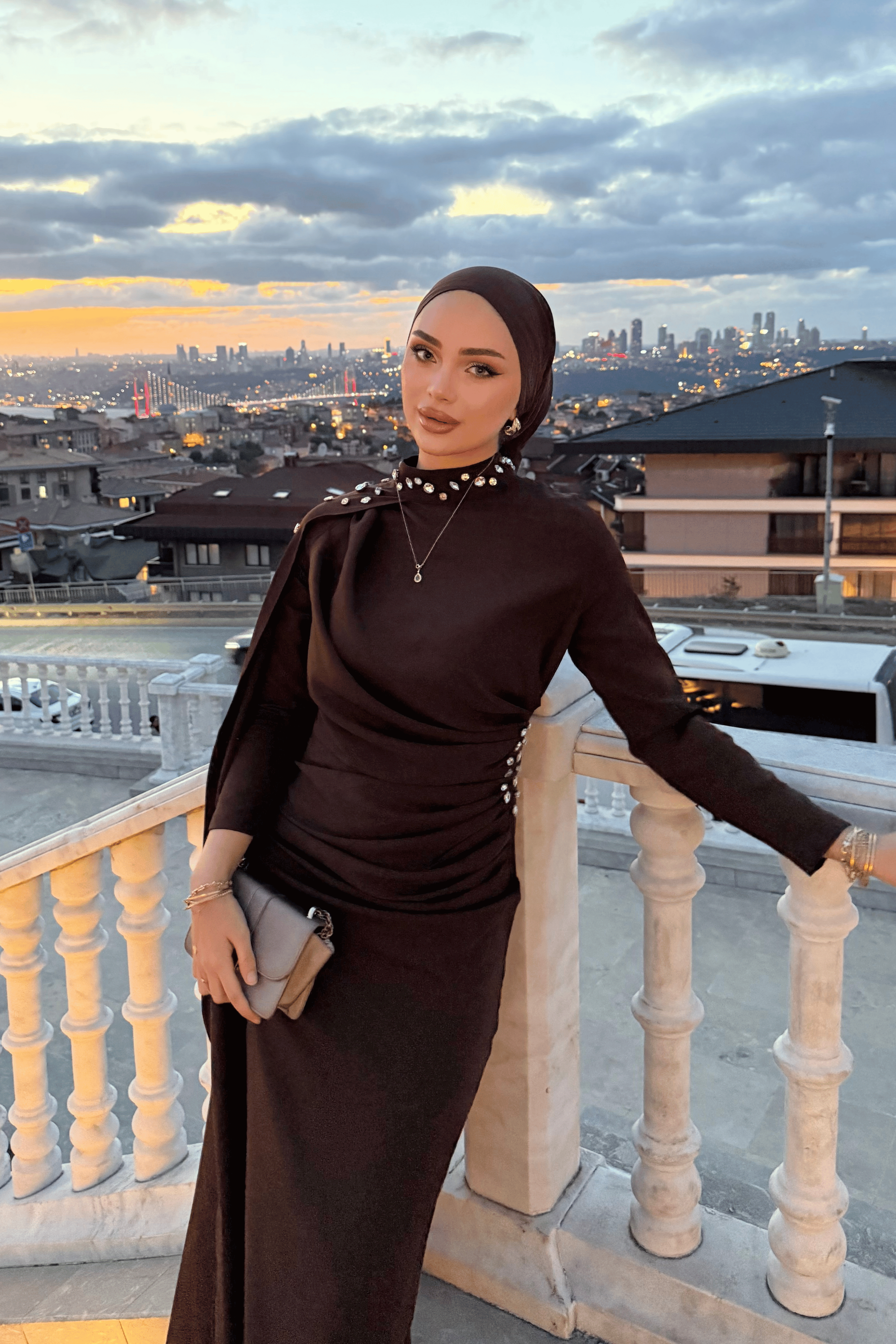 Serena Taşlı Abiye Kahverengi