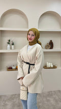 Kruvaze Yaka Kemerli Blazer Ceket Krem