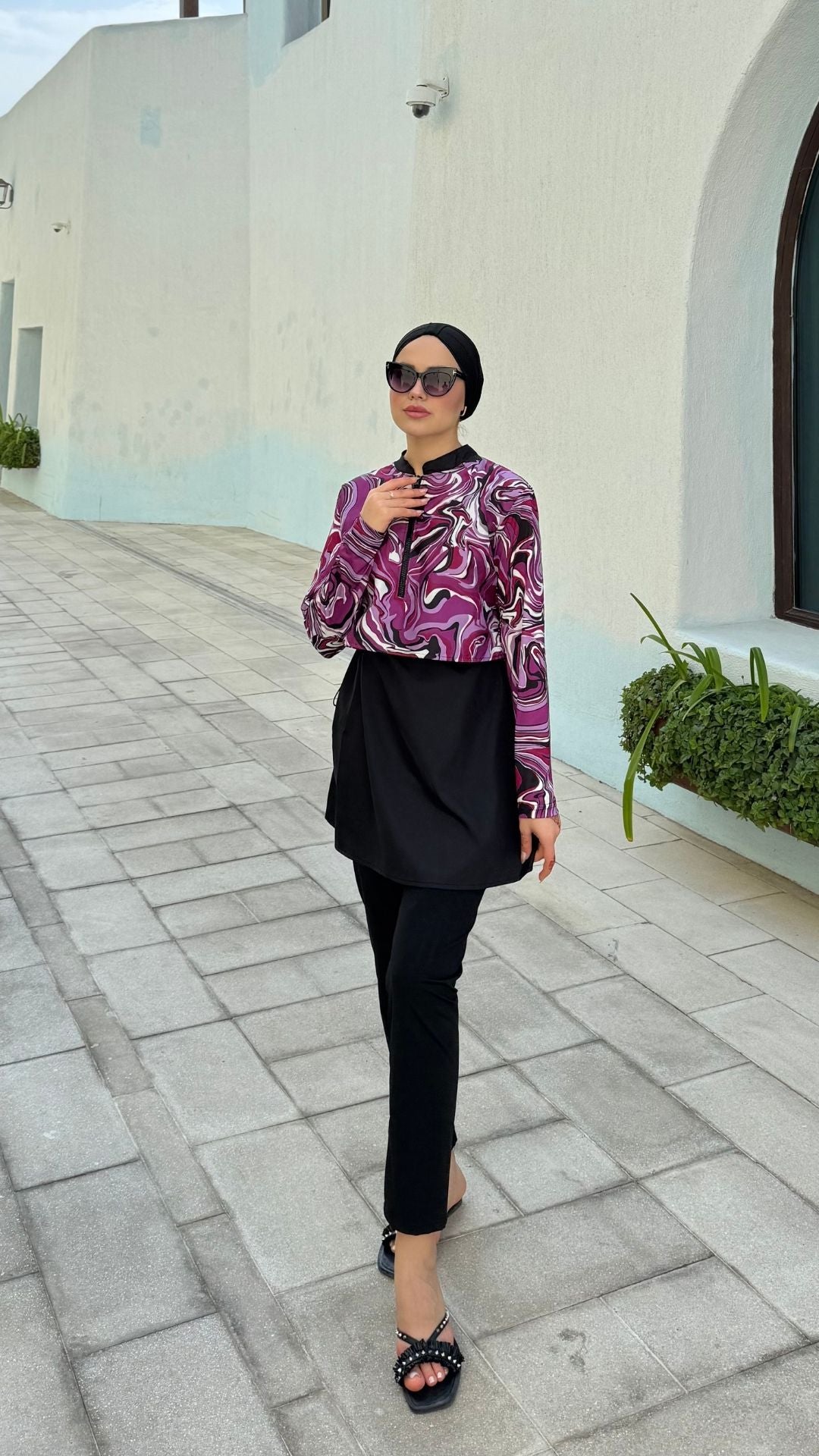 Yarım Dijital Baskılı Tesettür Mayo Renk - Siyah-Lila Desen 2