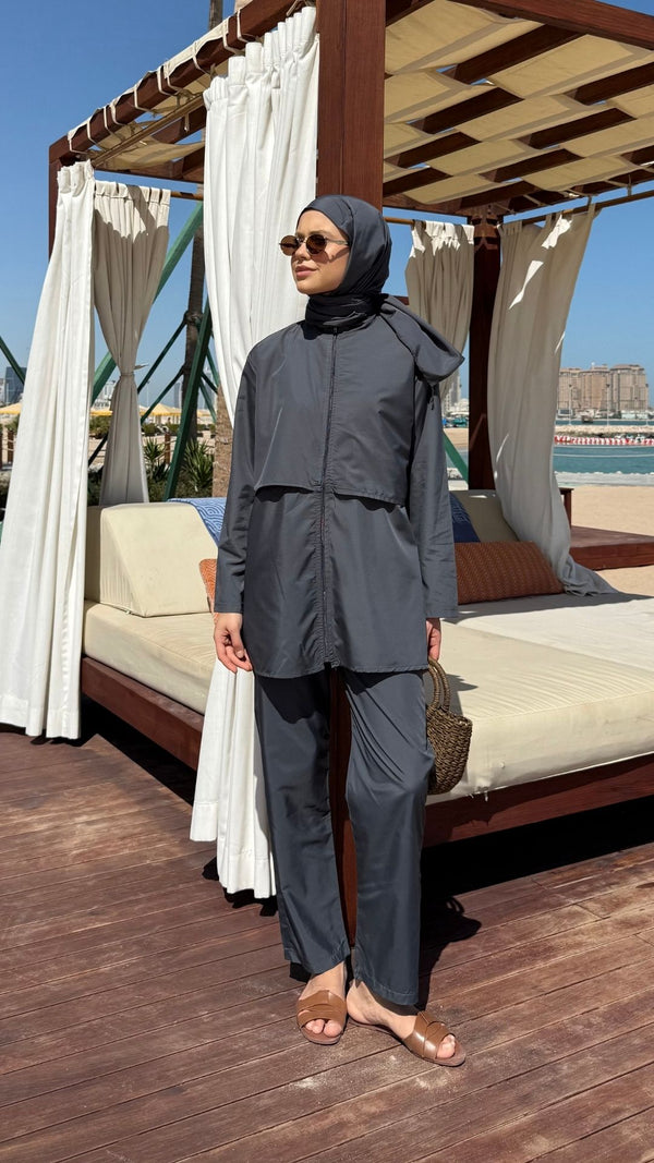 Doha Paraşüt Kumaş 3'lü Tam Kapalı Tesettür Mayo Gri