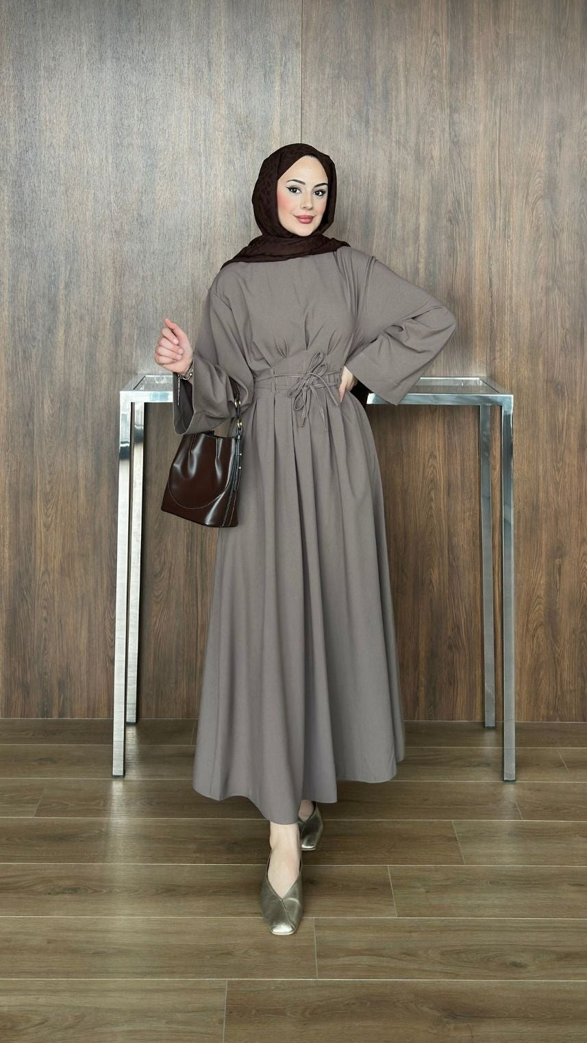 Çift Kuşaklı Elbise Vizon