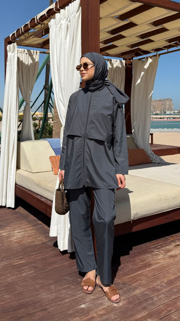 Doha Paraşüt Kumaş 3'lü Tam Kapalı Tesettür Mayo Gri