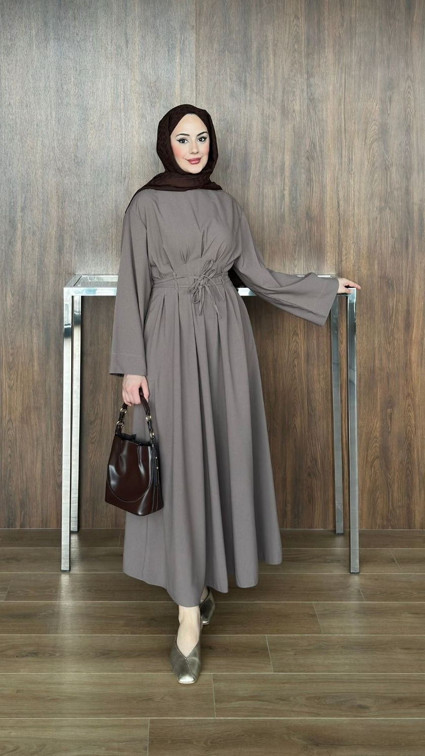 Çift Kuşaklı Elbise Vizon