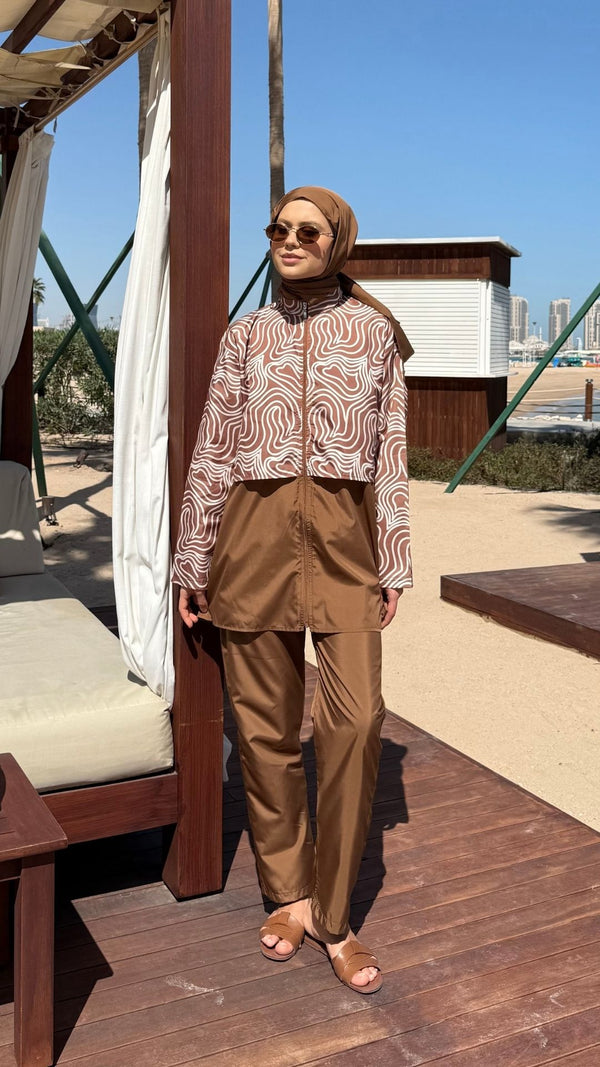 Doha Paraşüt Kumaş 3'lü Tam Kapalı Tesettür Mayo Kahverengi Çizgi Desen