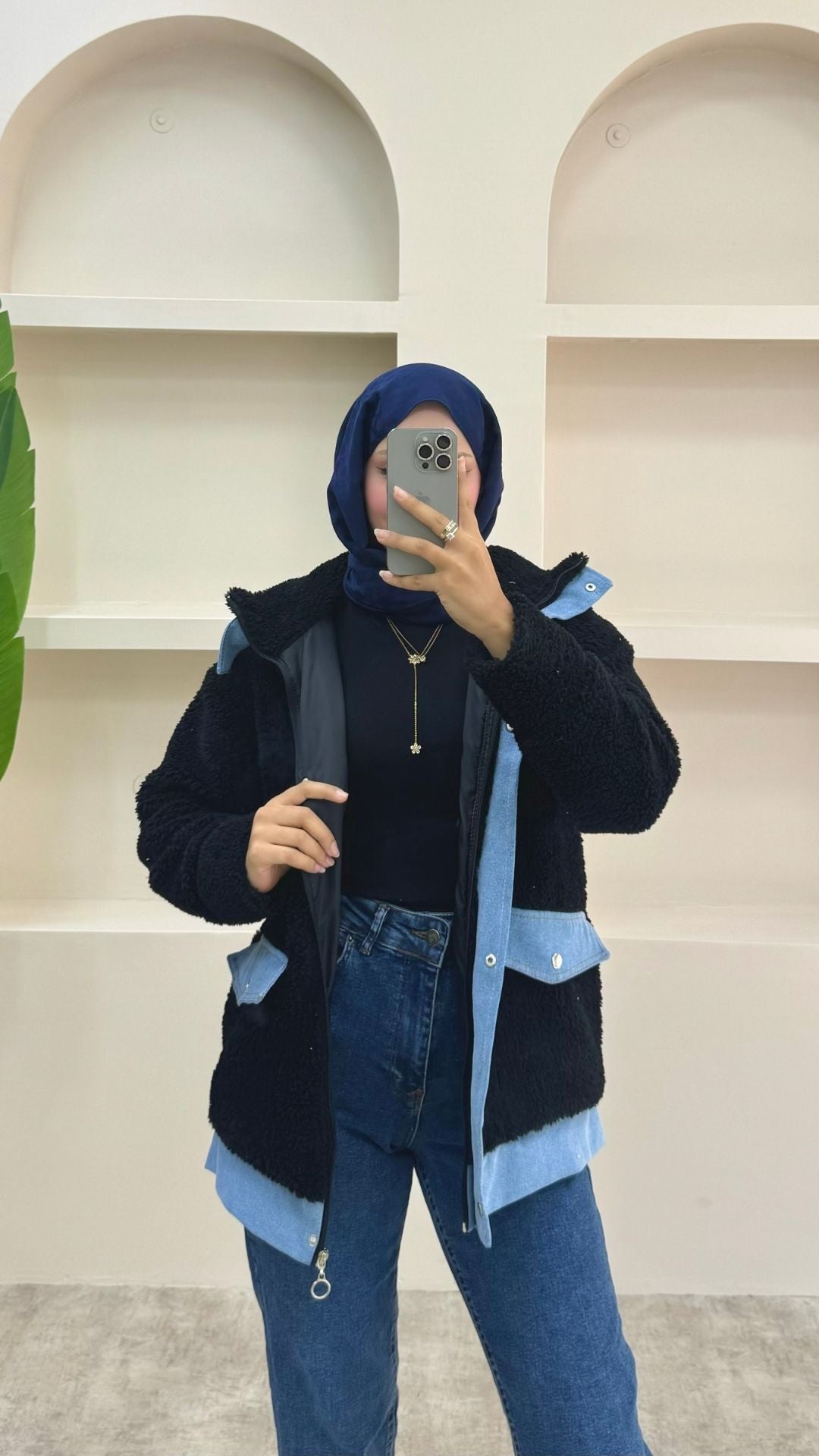 Kot Detaylı Peluş Ceket Siyah