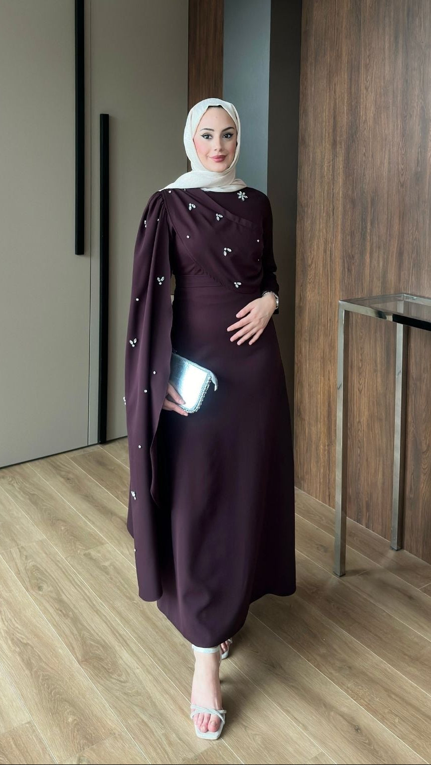 Linda Taş Detaylı Uzun Abiye Bordo