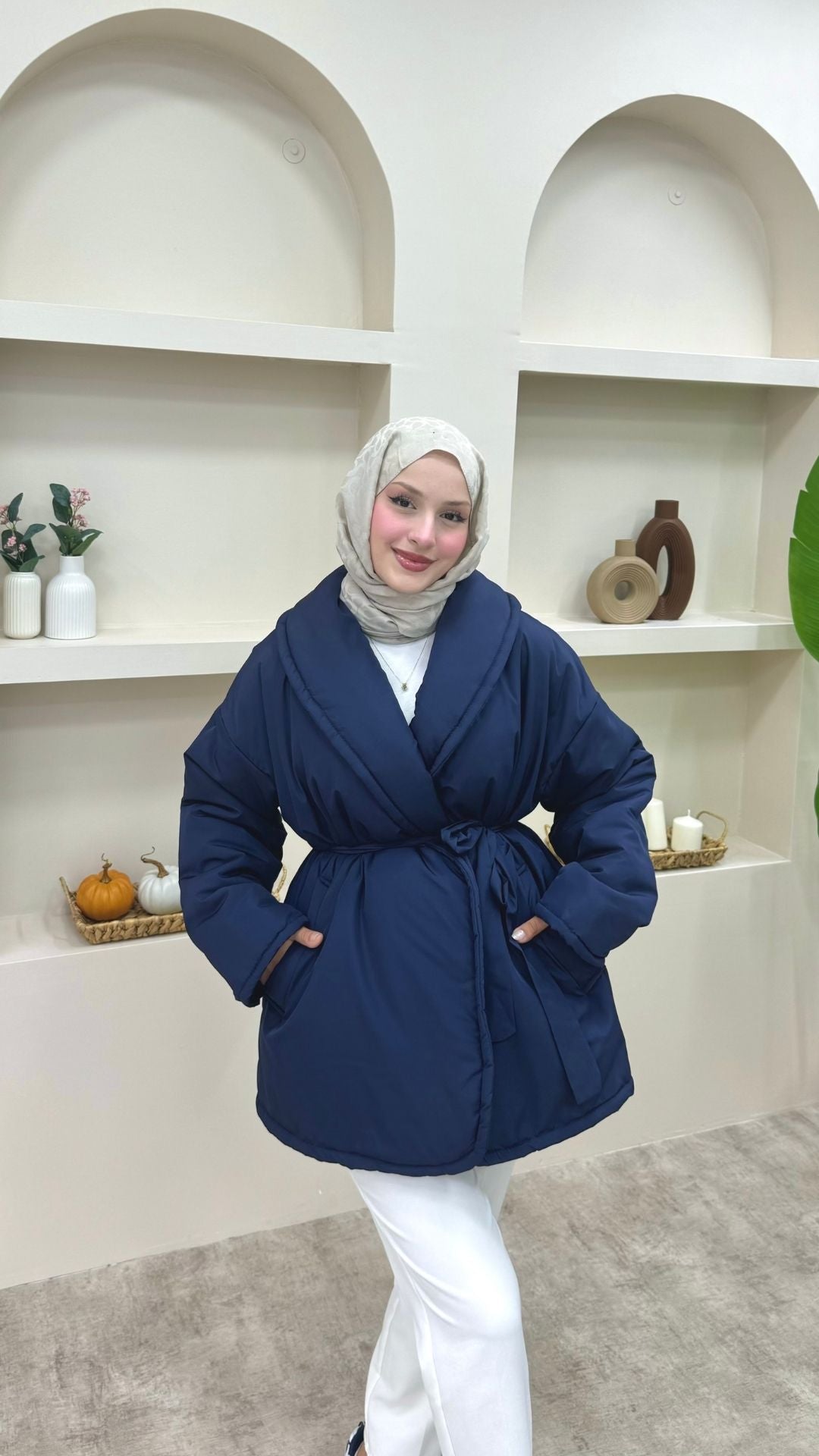 Şal Yaka Kemerli Mont Lacivert