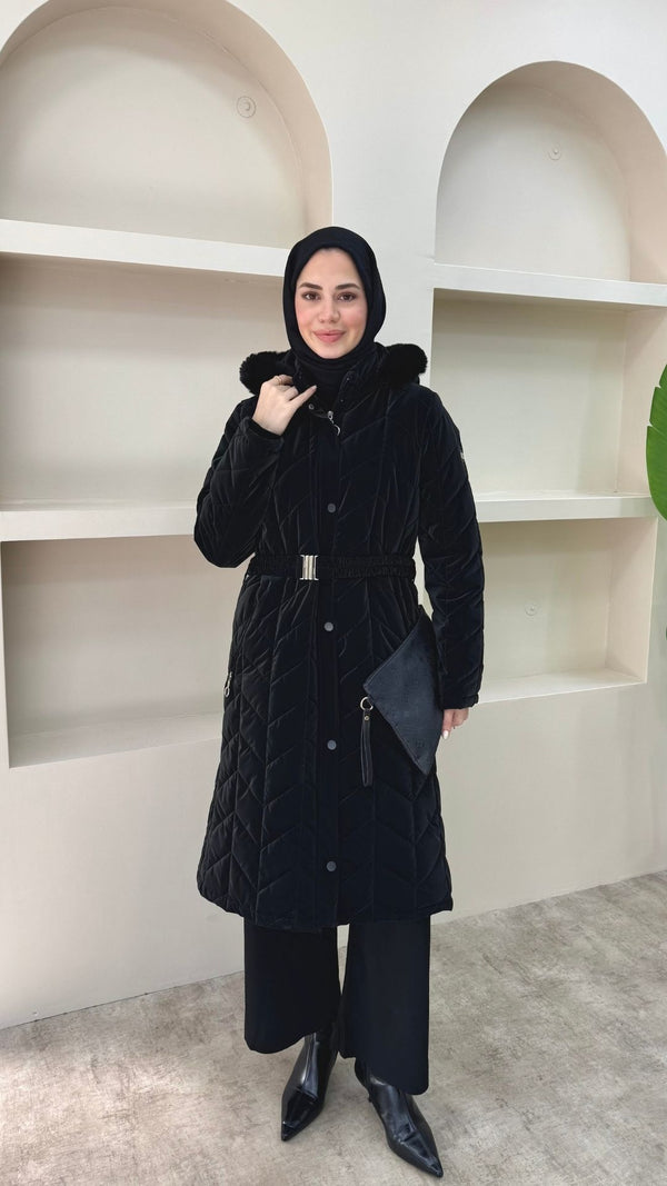 Yakası Kürklü Premium Kapitone Mont Siyah
