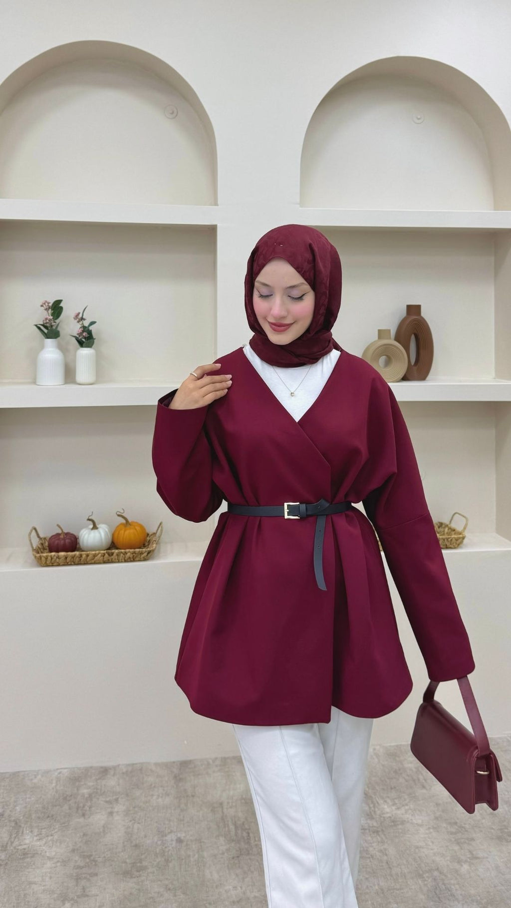 Kruvaze Yaka Kemerli Blazer Ceket Bordo