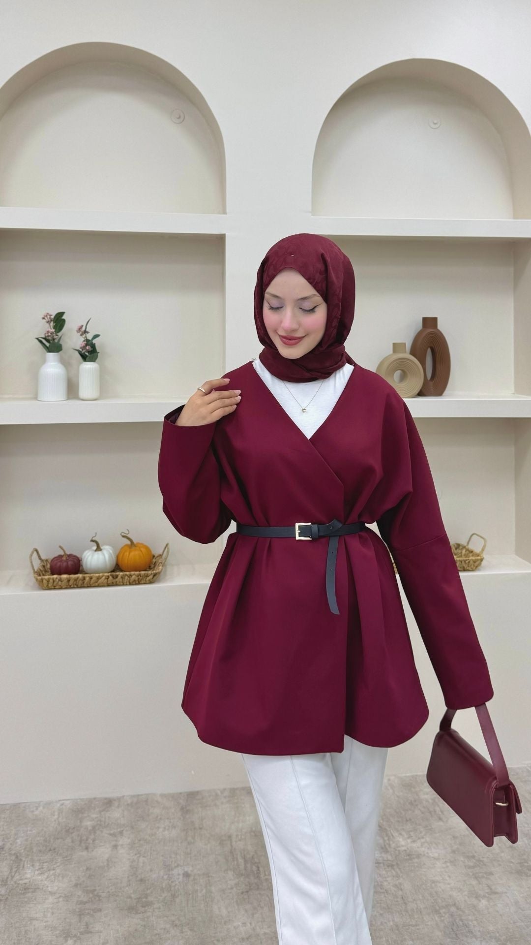 Kruvaze Yaka Kemerli Blazer Ceket Bordo