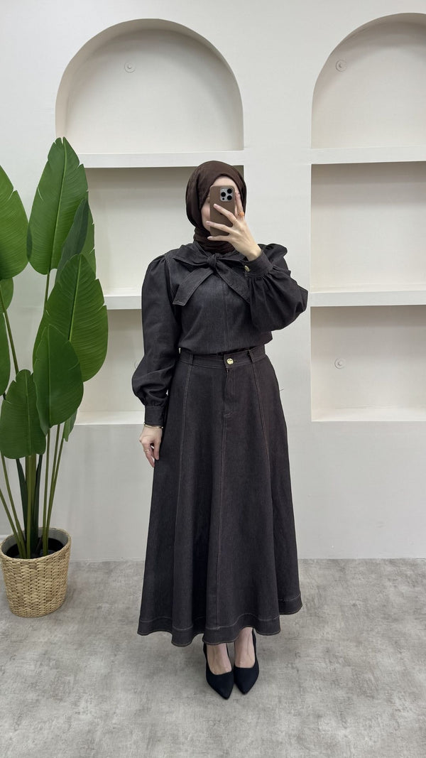 Fularlı Denim Takım Kahverengi