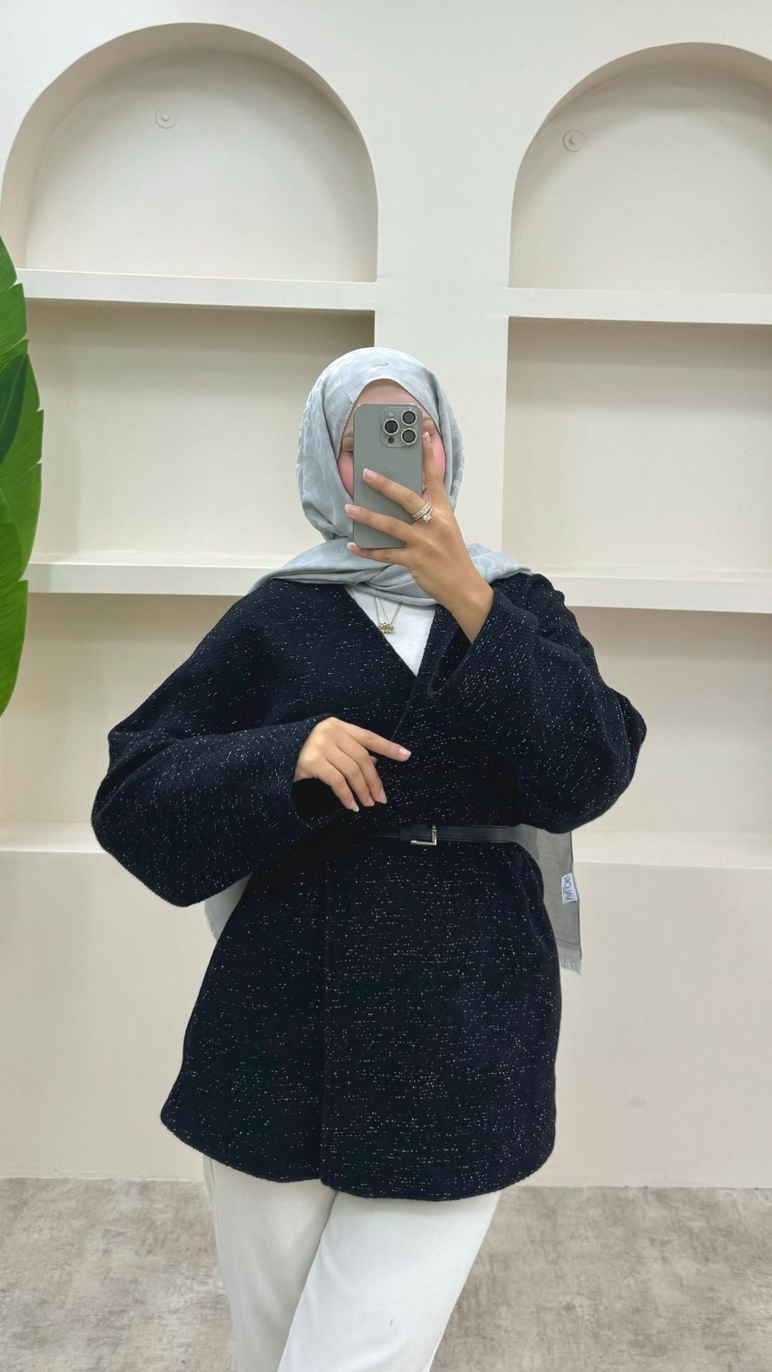 Simli Kemerli Ceket Siyah