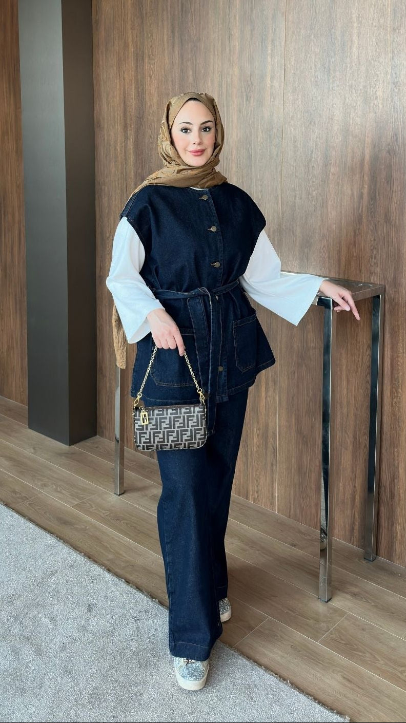 Bianca Yelekli Denim Takım Lacivert