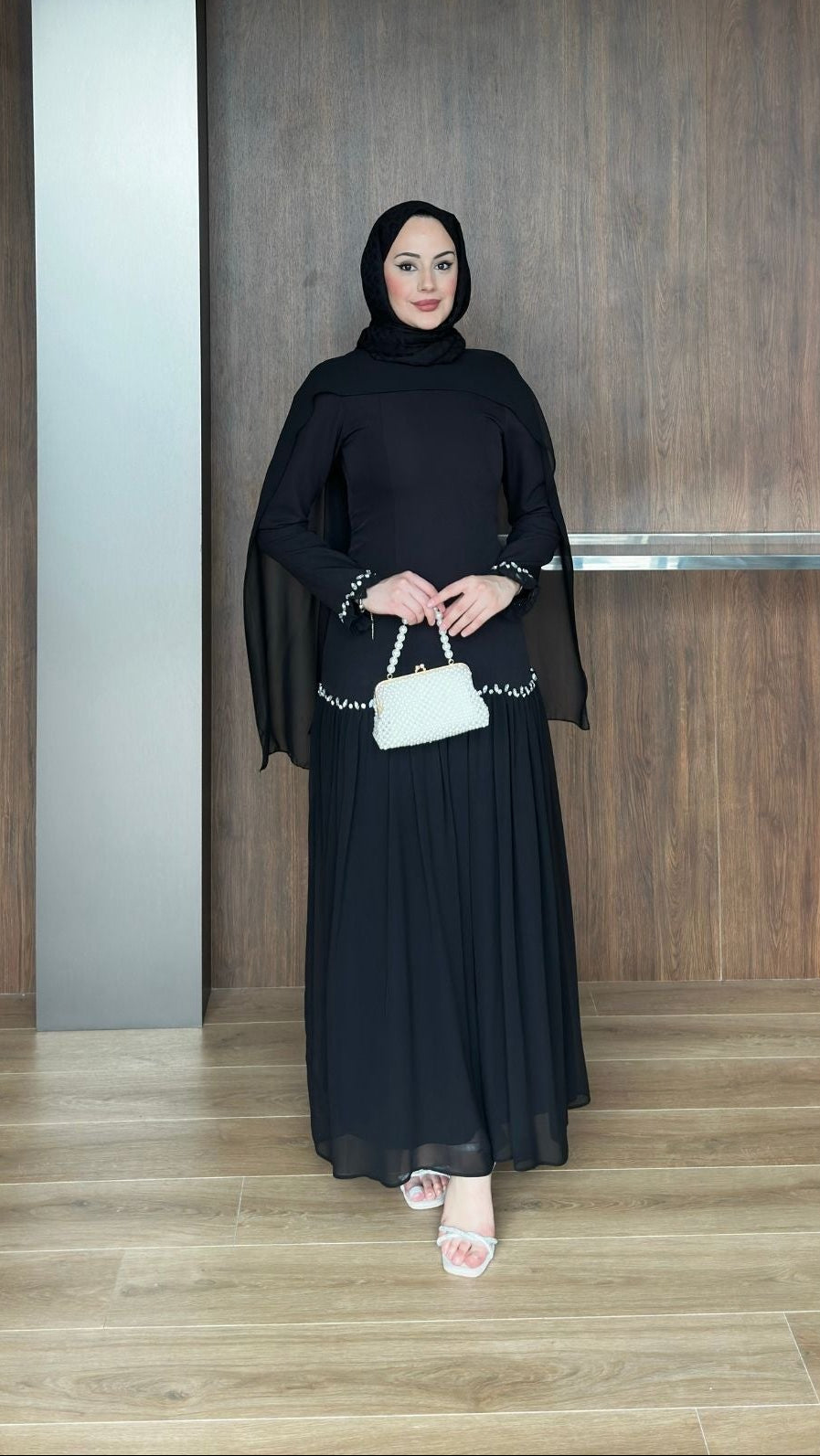 Pera Şifon Detaylı Abiye Siyah