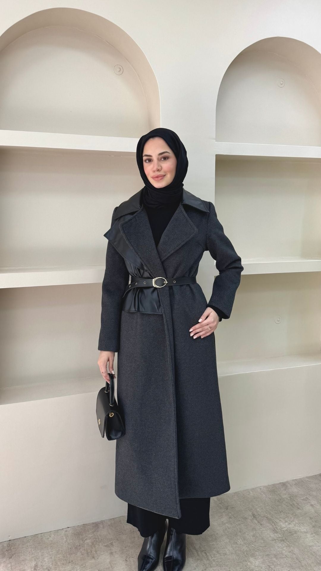 Deri Pelerinli Premium Kaşe Kaban Siyah