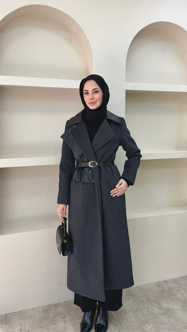 Deri Pelerinli Premium Kaşe Kaban Siyah