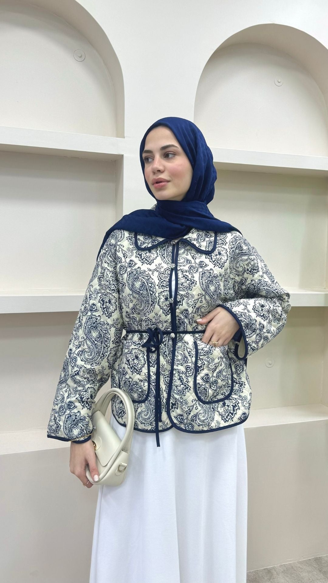 Bağlamalı Etnik Desen Kısa Ceket Lacivert