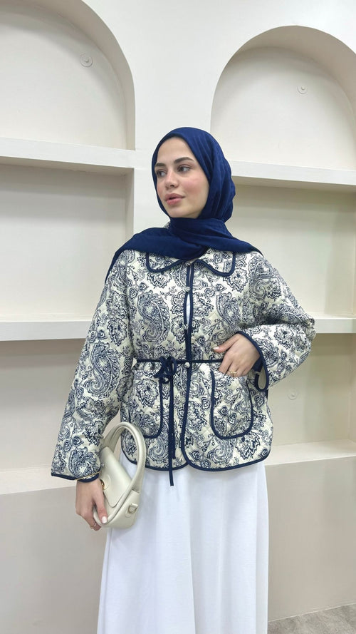 Bağlamalı Etnik Desen Kısa Ceket Lacivert