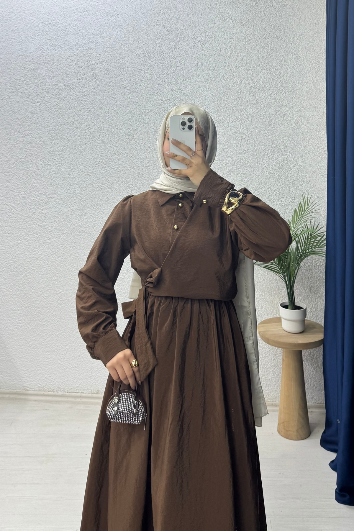 Bağlamalı Düğmeli Elbise Kahverengi