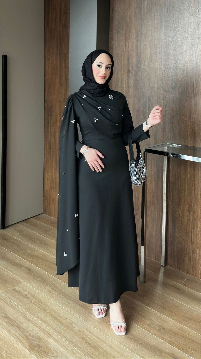 Linda Taş Detaylı Uzun Abiye Siyah