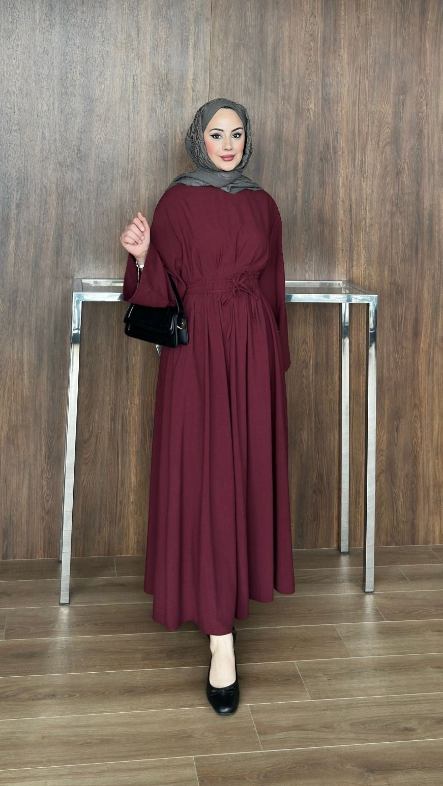 Çift Kuşaklı Elbise Bordo