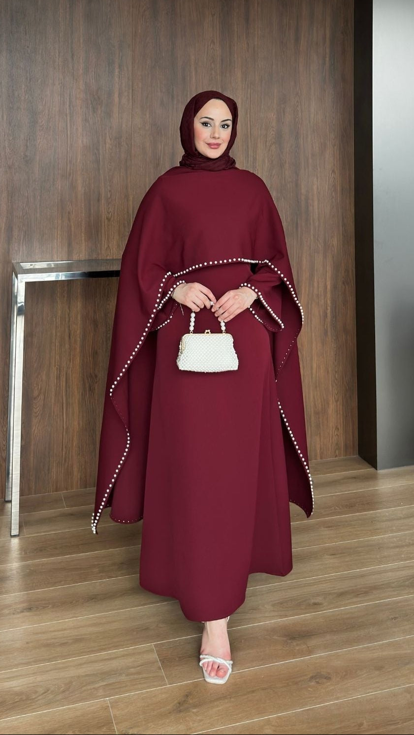 Viona İnci Detaylı Abiye Bordo
