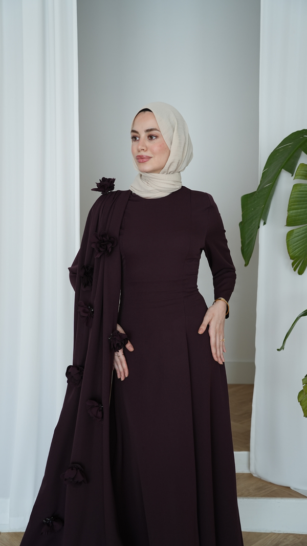 Seyyar Güllü Pelerinli Abiye Mürdüm