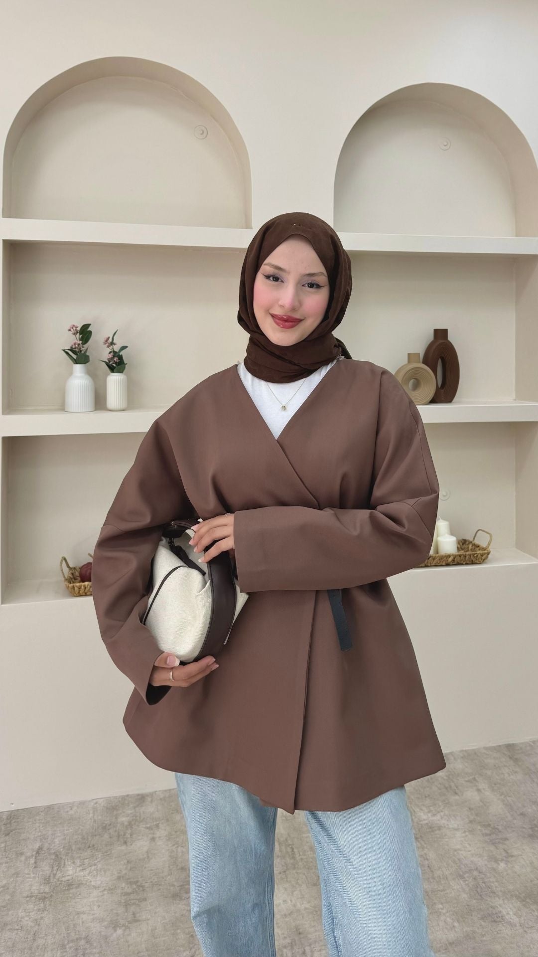 Kruvaze Yaka Kemerli Blazer Ceket Kahverengi