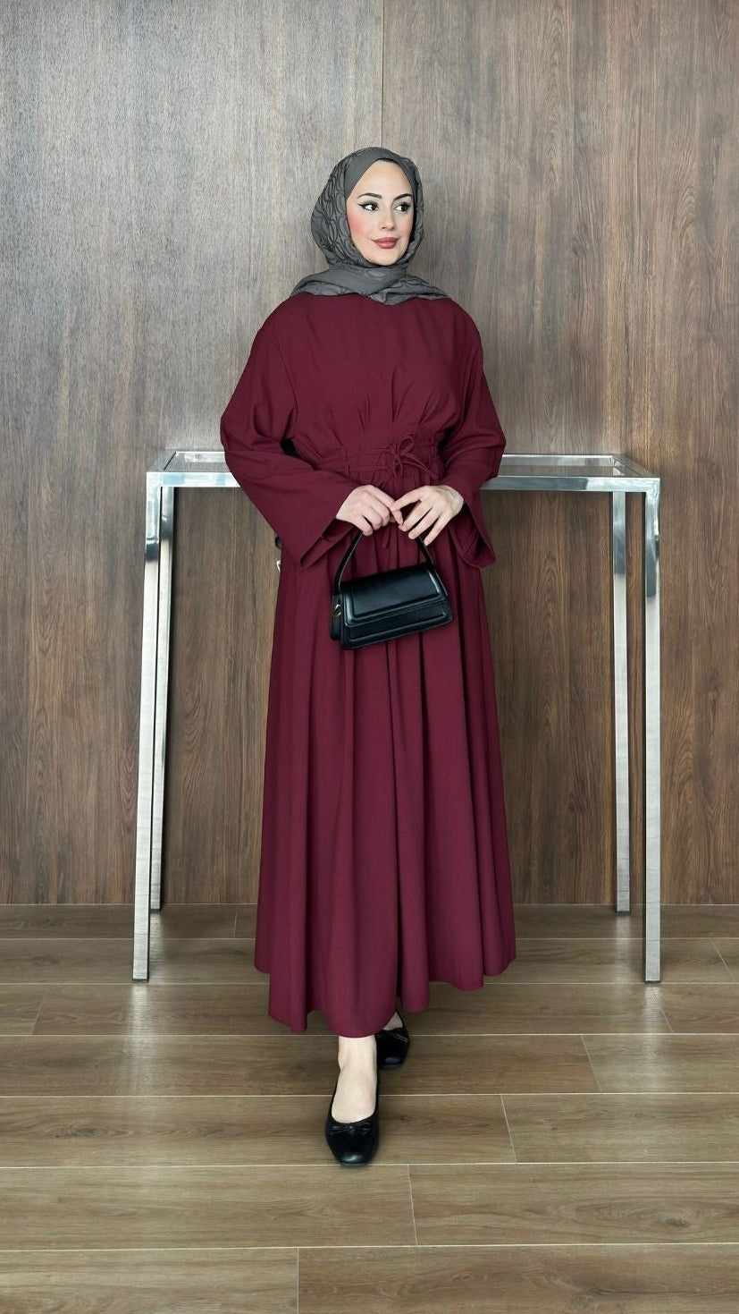 Çift Kuşaklı Elbise Bordo