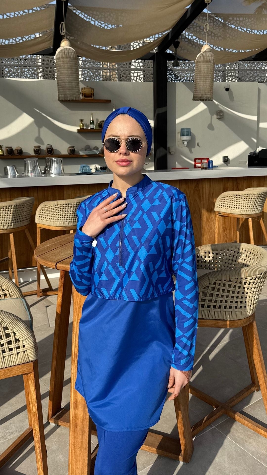Yarım Dijital Baskılı Tesettür Mayo Renk - Mavi Üçgen Desen 2