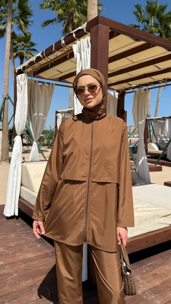 Doha Paraşüt Kumaş 3'lü Tam Kapalı Tesettür Mayo Kahverengi