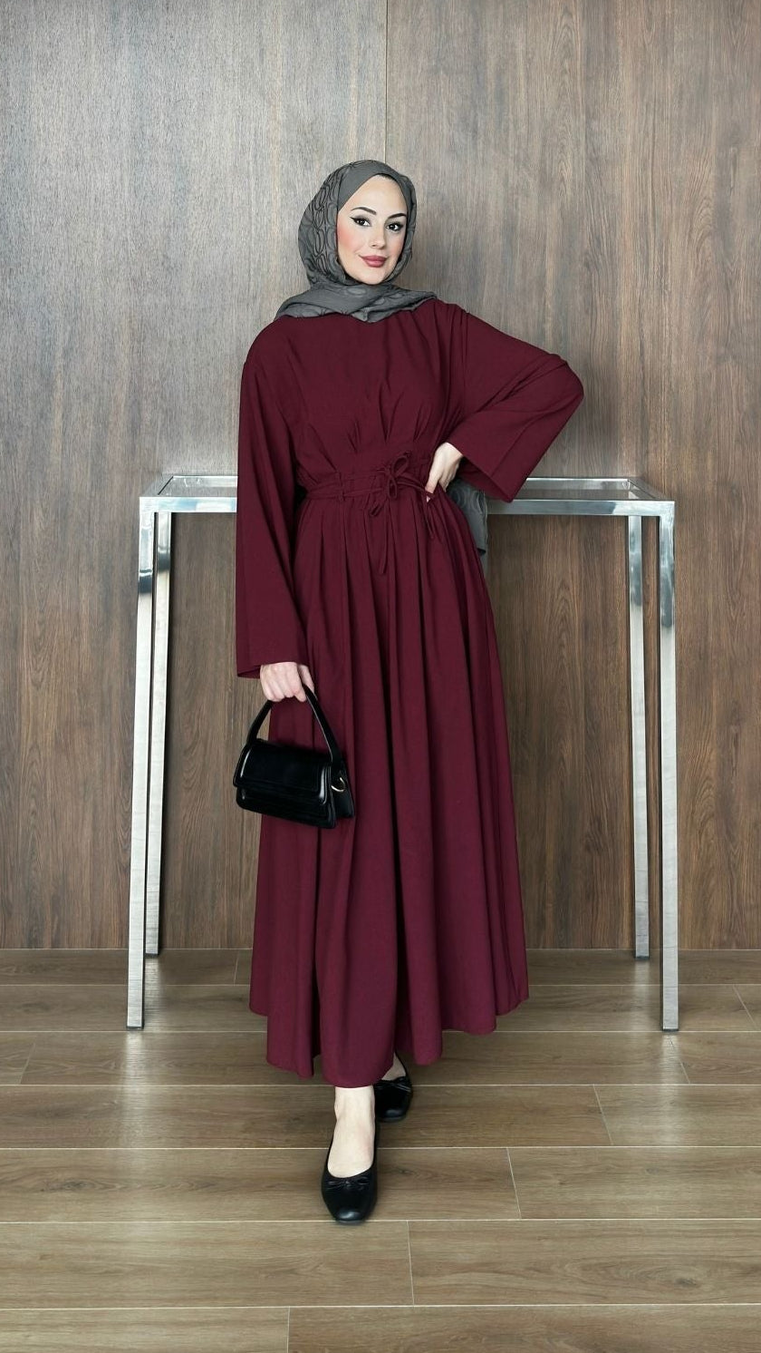 Çift Kuşaklı Elbise Bordo